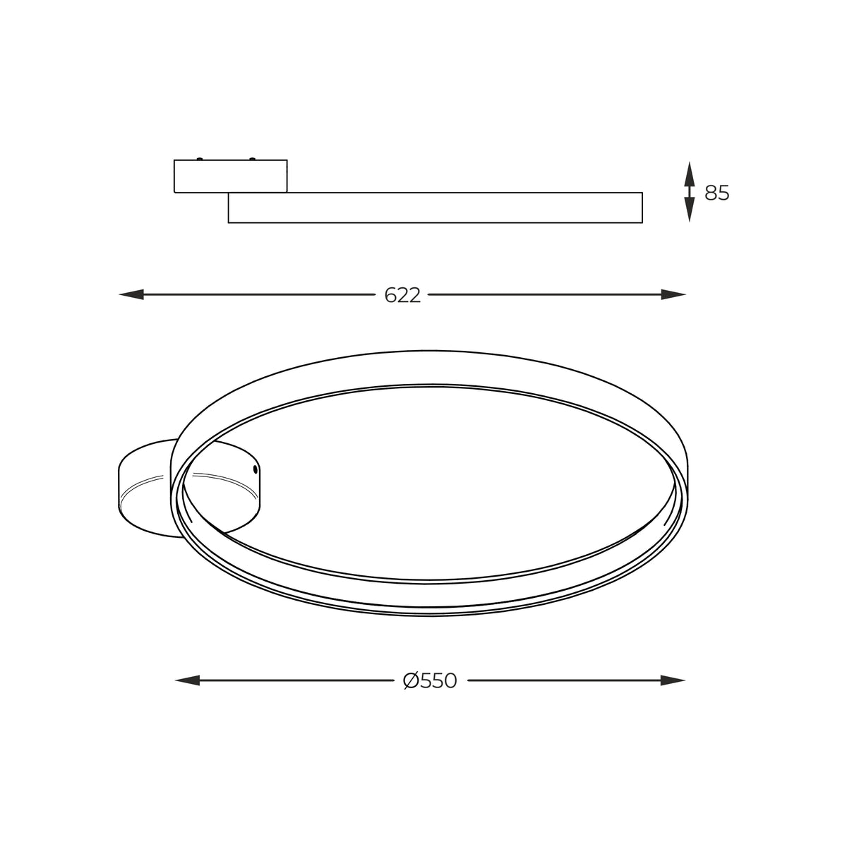 Schéma de dimensions du plafonnier avec diamètre 550 mm et hauteur 85 mm