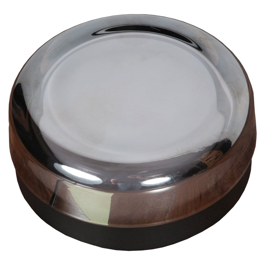 Même luminaire éteint, verre fumé translucide laissant deviner l'intérieur