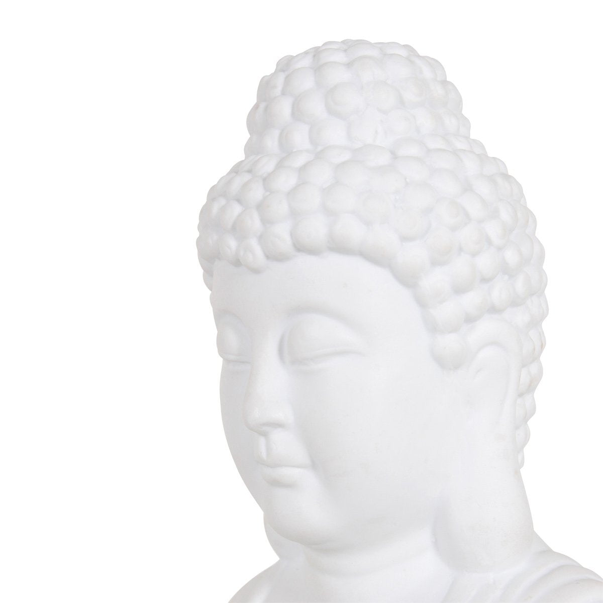 Gros plan sur le visage serein et la coiffure bouclée du Bouddha