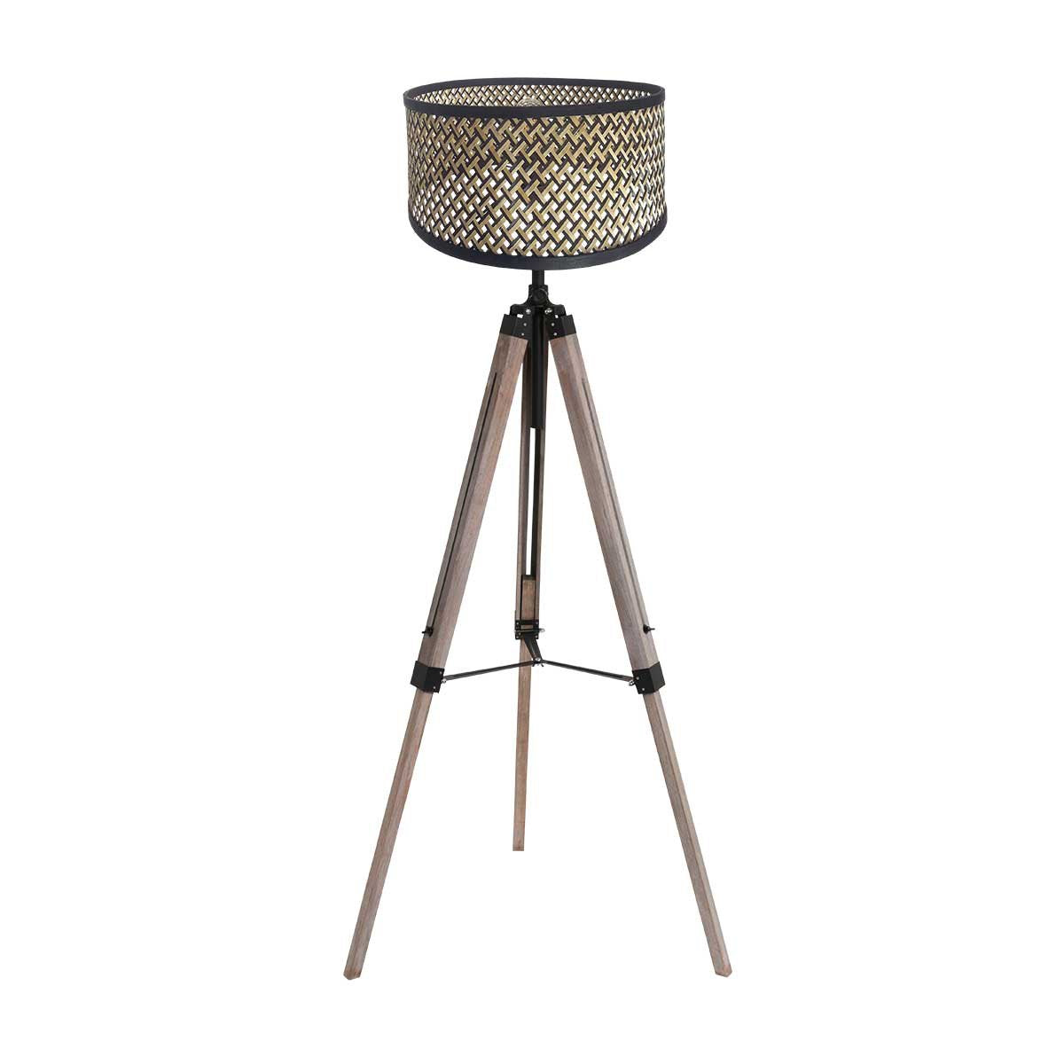 Vue d'ensemble du lampadaire sur ses trois pieds inclinés et son grand abat-jour rond.