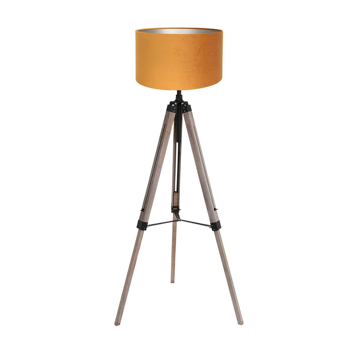 Vue d'ensemble du lampadaire à trépied, abat-jour orange et piètement en bois.