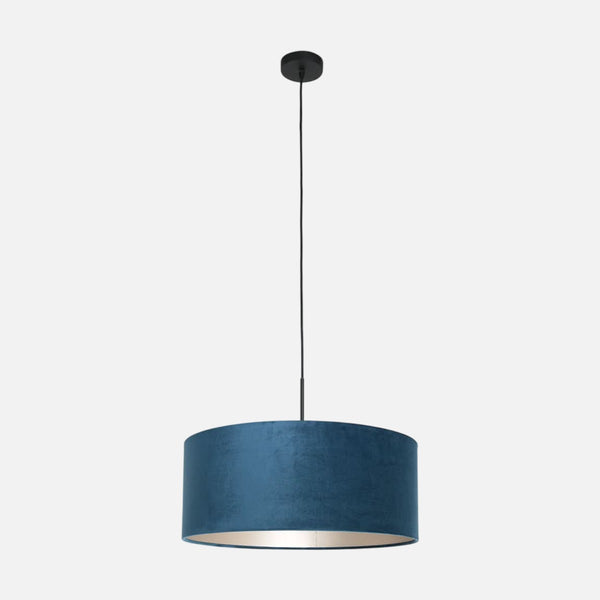 Suspension velours bleu, abat-jour tambour intérieur argent Ø50 | Loomis