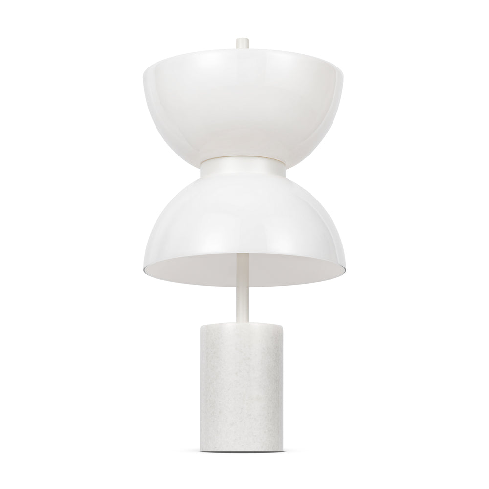 Vue de face de la lampe blanche montrant la superposition des deux abat-jours