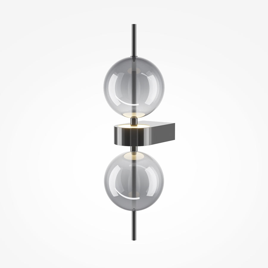 Vue de face du luminaire seul, deux globes de verre et tige noire