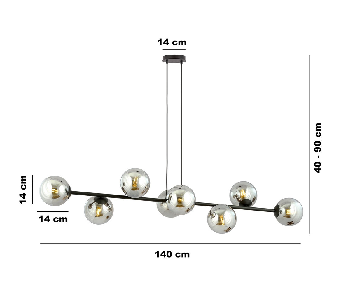 Schéma technique coté : largeur 140 cm, hauteur réglable 40 à 90 cm.