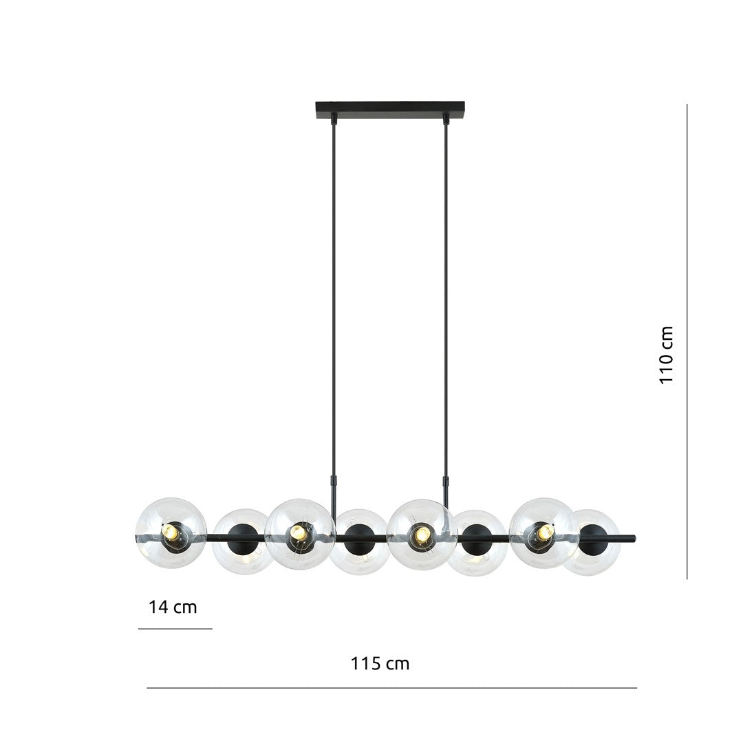 Schéma coté du luminaire : longueur 115 cm, hauteur 110 cm, globes 14 cm
