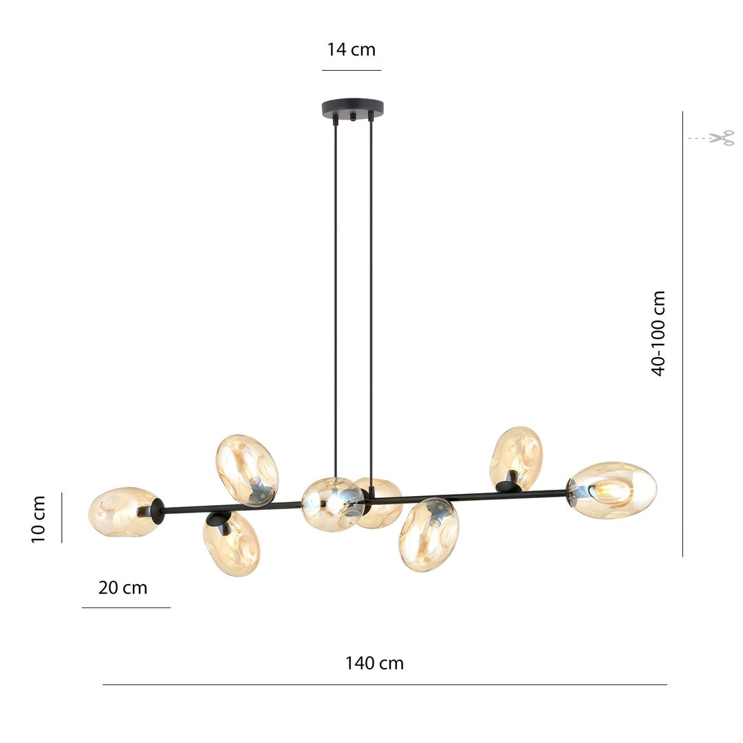 Schéma de dimensions du luminaire avec hauteur réglable, largeur totale et diamètre du pavillon.