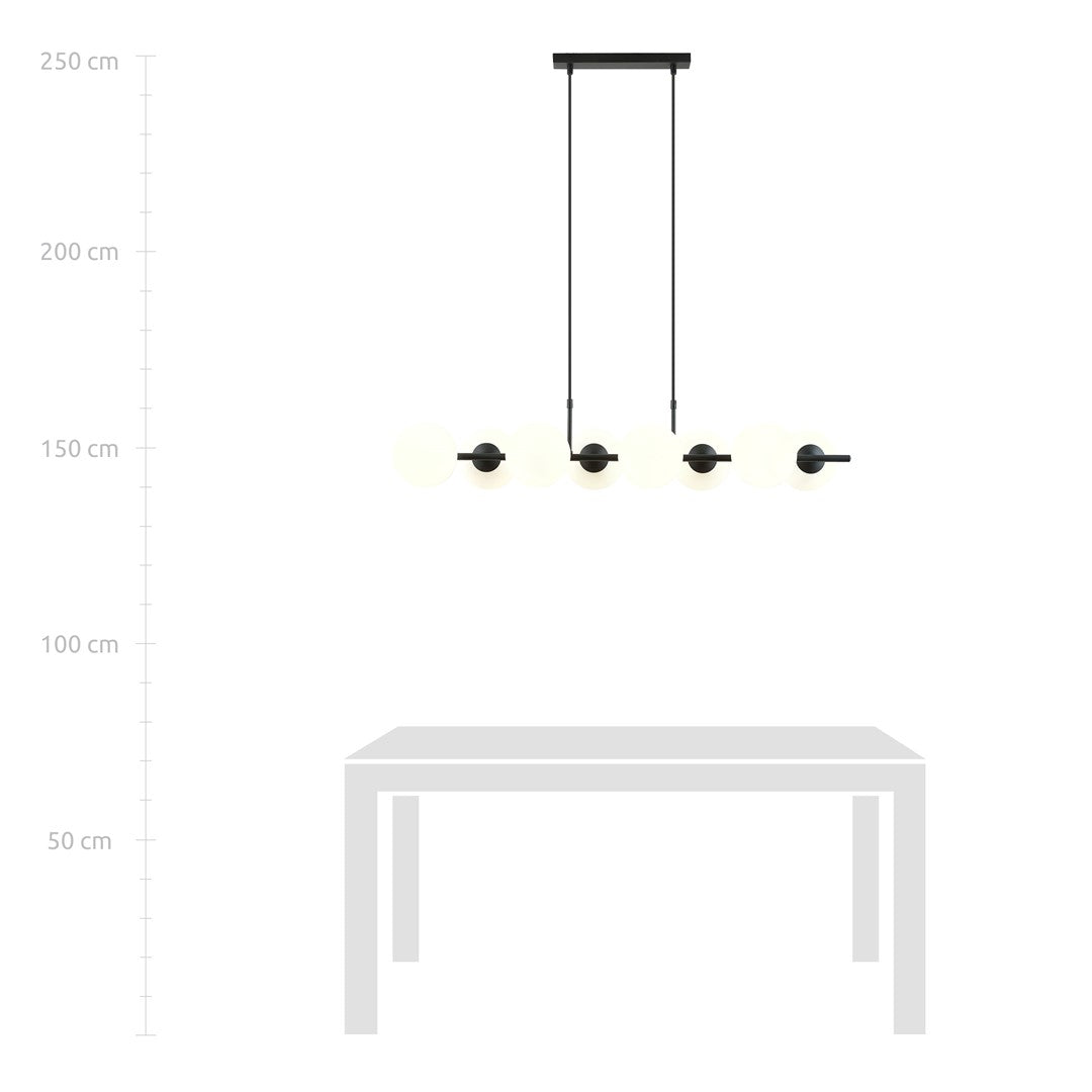 Schéma d'encombrement au-dessus d'une table, hauteur de suspension réglable jusqu'à 250 cm