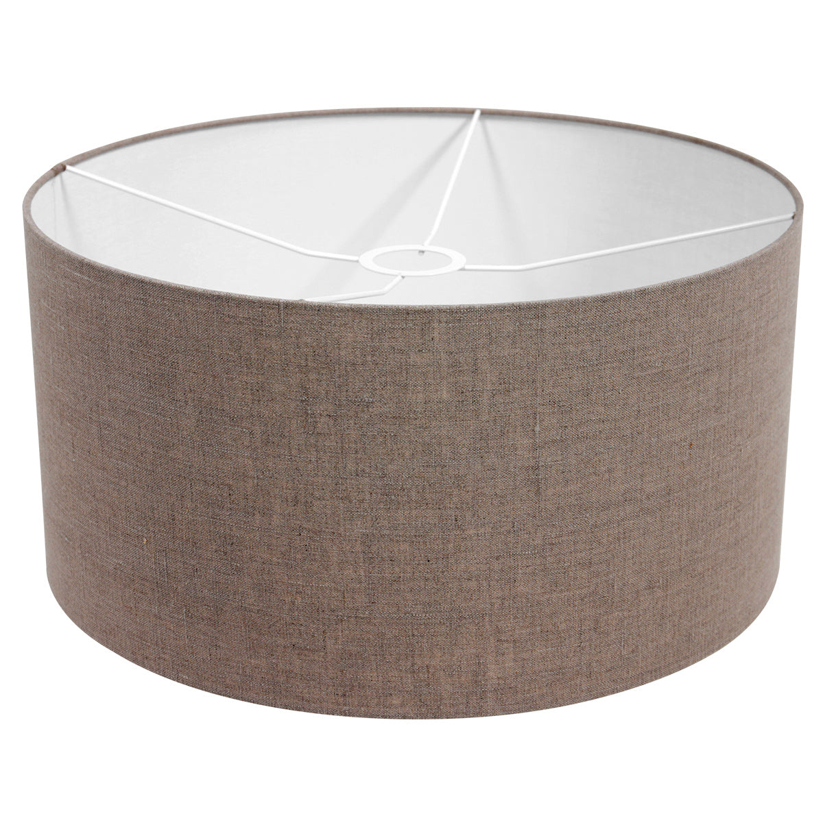 Abat-jour cylindrique en lin marron vu de dessous avec armature métallique blanche