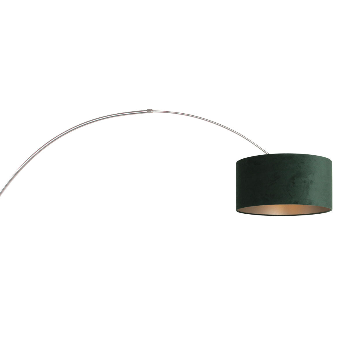 Vue de profil du luminaire, abat-jour cylindrique vert et intérieur cuivré visible.