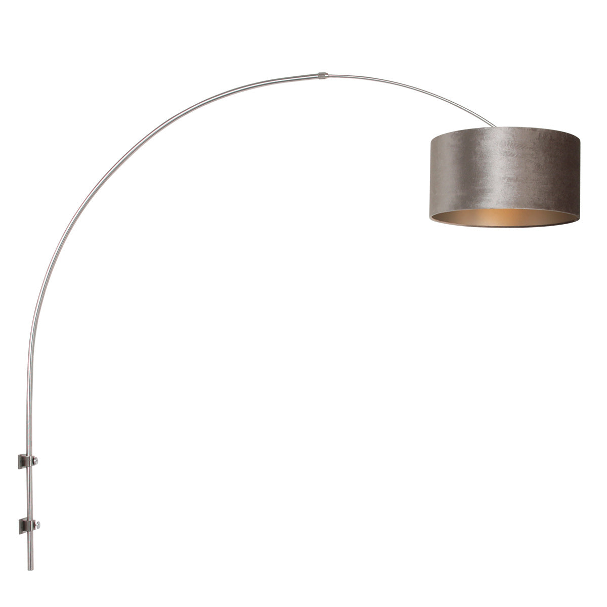 Applique murale arc velours gris vue de profil, acier brossé