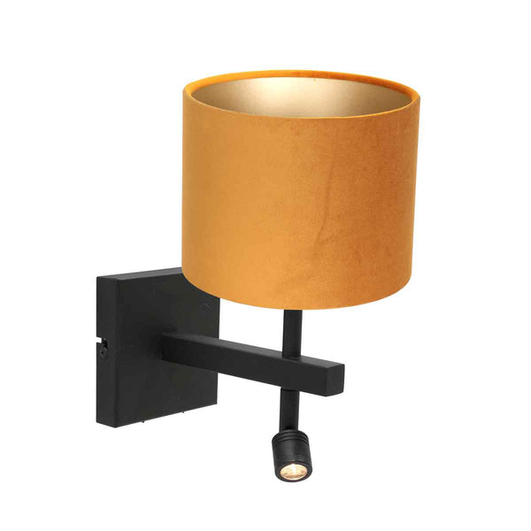 Schwarze Wandleuchte Stang 8207ZW mit Leselampe und goldenem Samtschirm