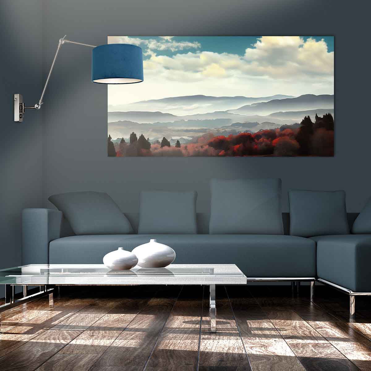 Mise en ambiance dans un salon moderne avec canapé gris et grand tableau mural