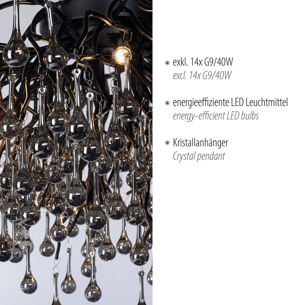 Détail rapproché des pendants en verre et ampoule allumée, avec texte technique sur les spécifications