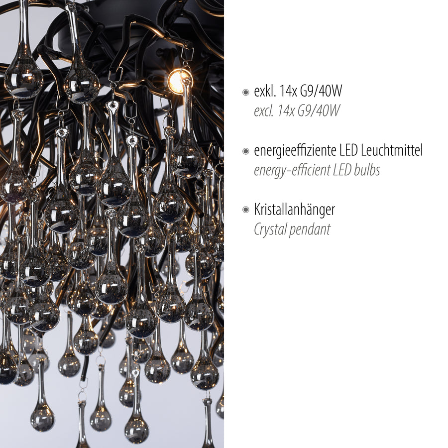 Détail rapproché des pendants en verre et ampoule allumée, avec texte technique sur les spécifications