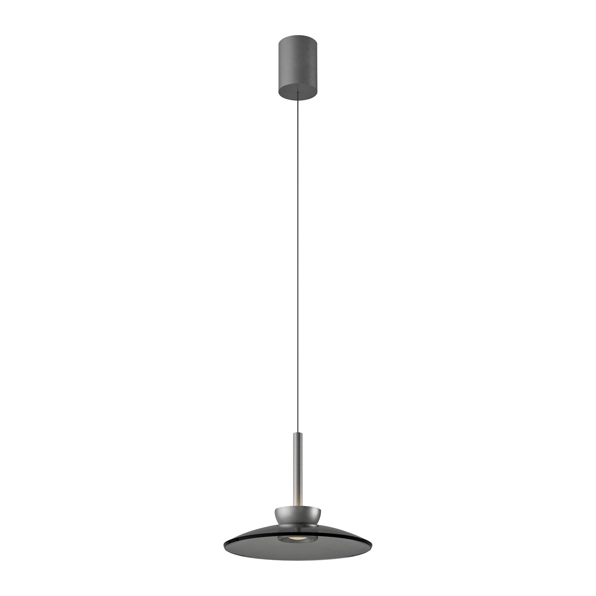 Vue de profil du luminaire sur fond blanc, abat-jour plat et tige fine