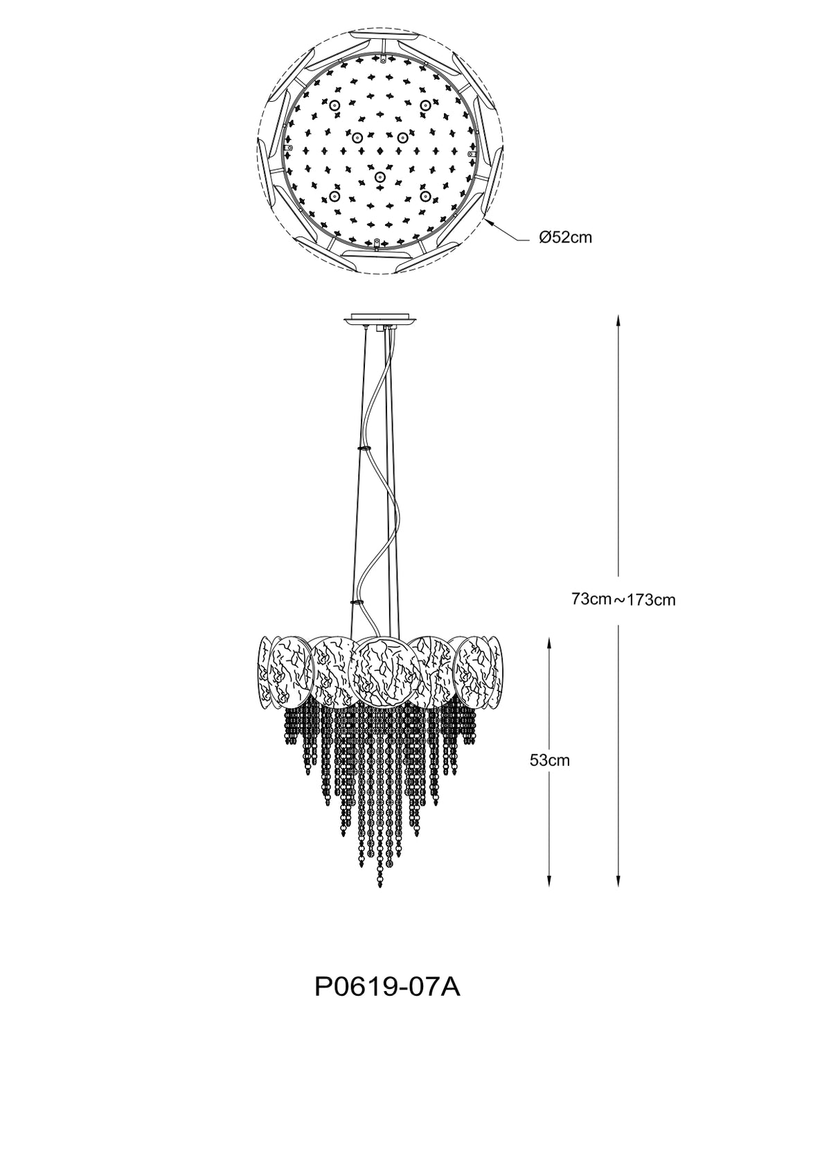 Suspension Astra 7 lumières dorée, cristal