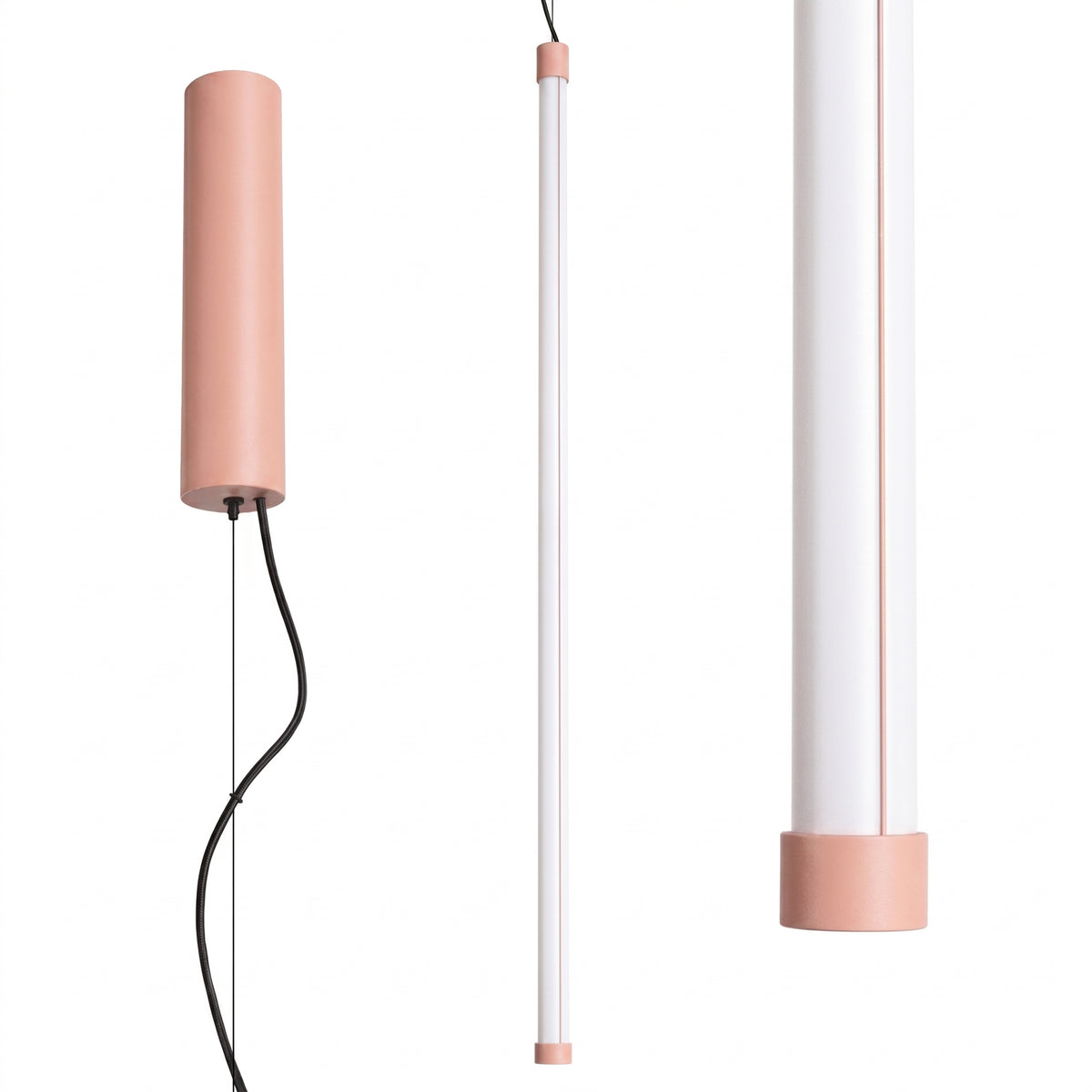 Modèle rose poudré du luminaire, corps allongé et finition du bas