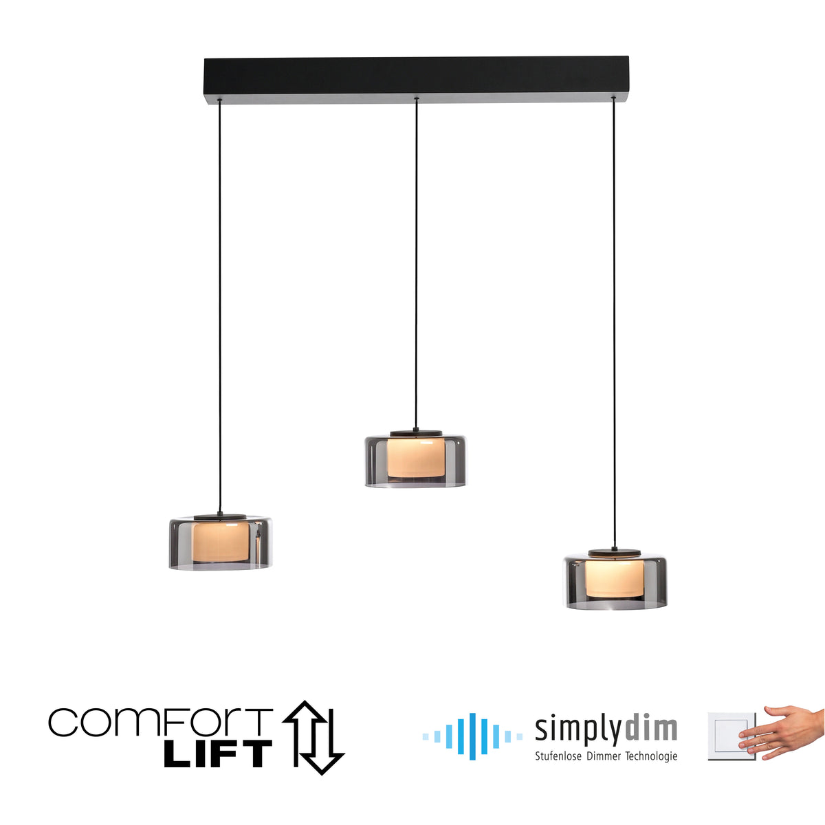 Vue produit sur fond blanc avec logos Comfort Lift et Simply Dim