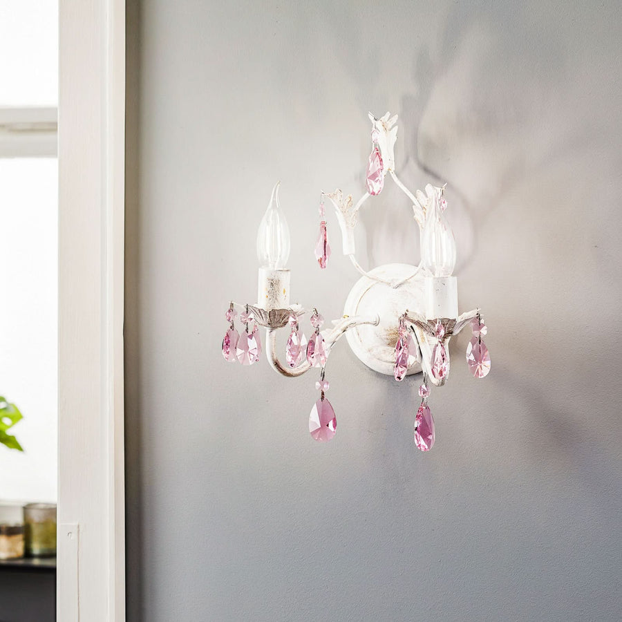 Applique murale Kate en cristal, blanc et rose, 2 lumières, hauteur 31 cm
