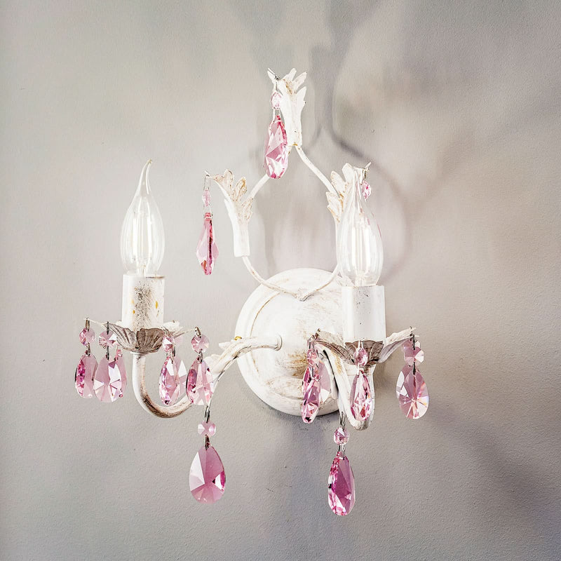 Applique murale Kate en cristal, blanc et rose, 2 lumières, hauteur 31 cm