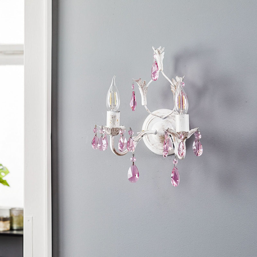 Applique murale Kate en cristal, blanc et rose, 2 lumières, hauteur 31 cm