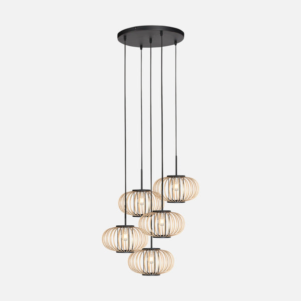 Bambus-Hängeleuchte, 5 durchbrochene Kugeln im Kaskaden-Design Ø 50 cm | Java