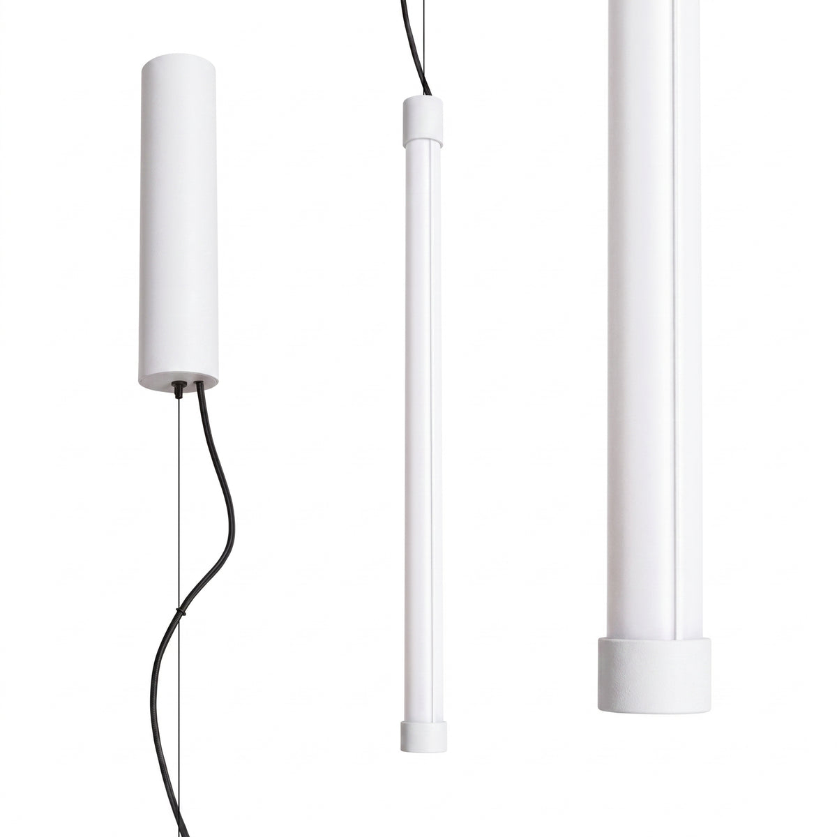 Version blanche du luminaire suspendu, corps tubulaire et embouts mats