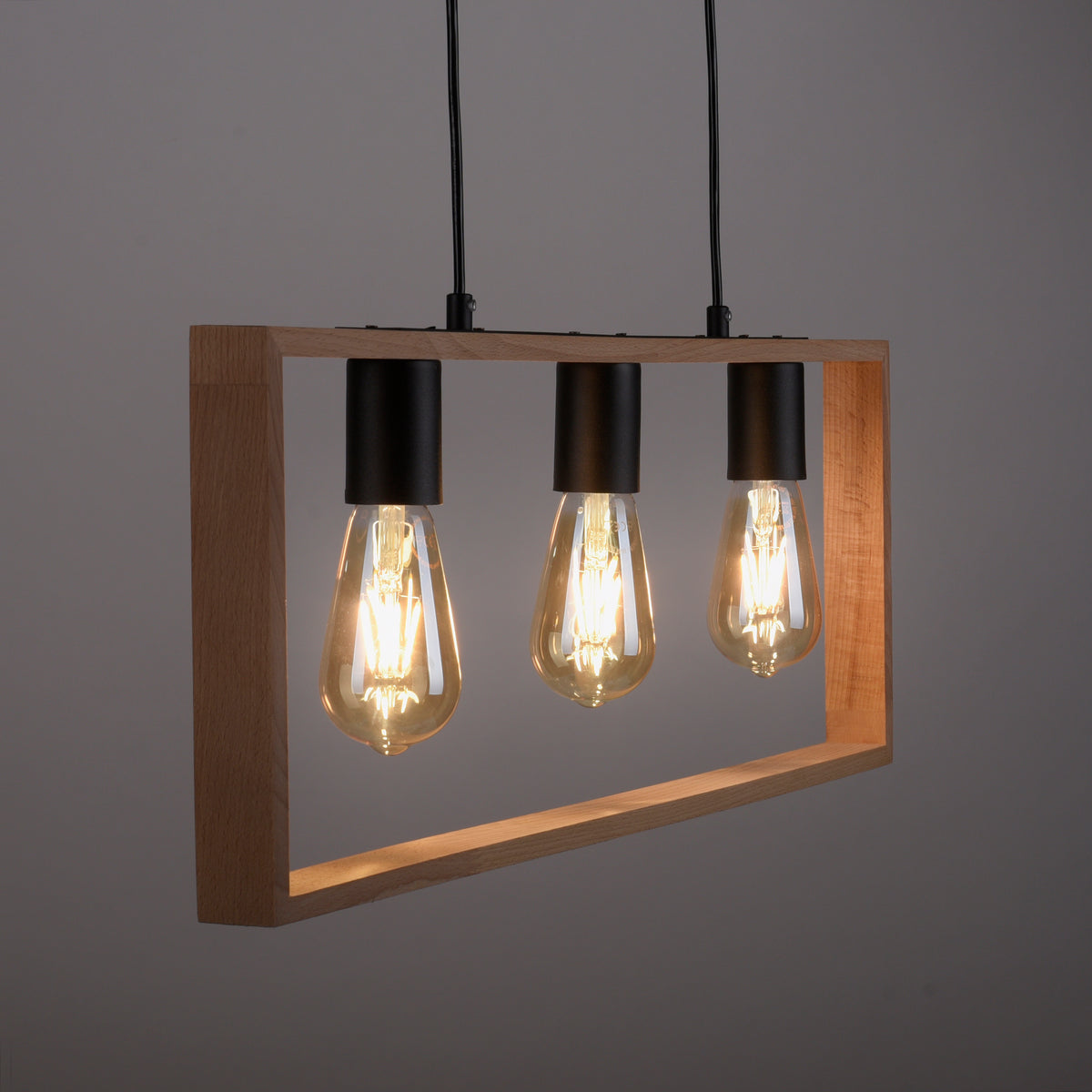 Suspension Franky 3 lumières noire et bois