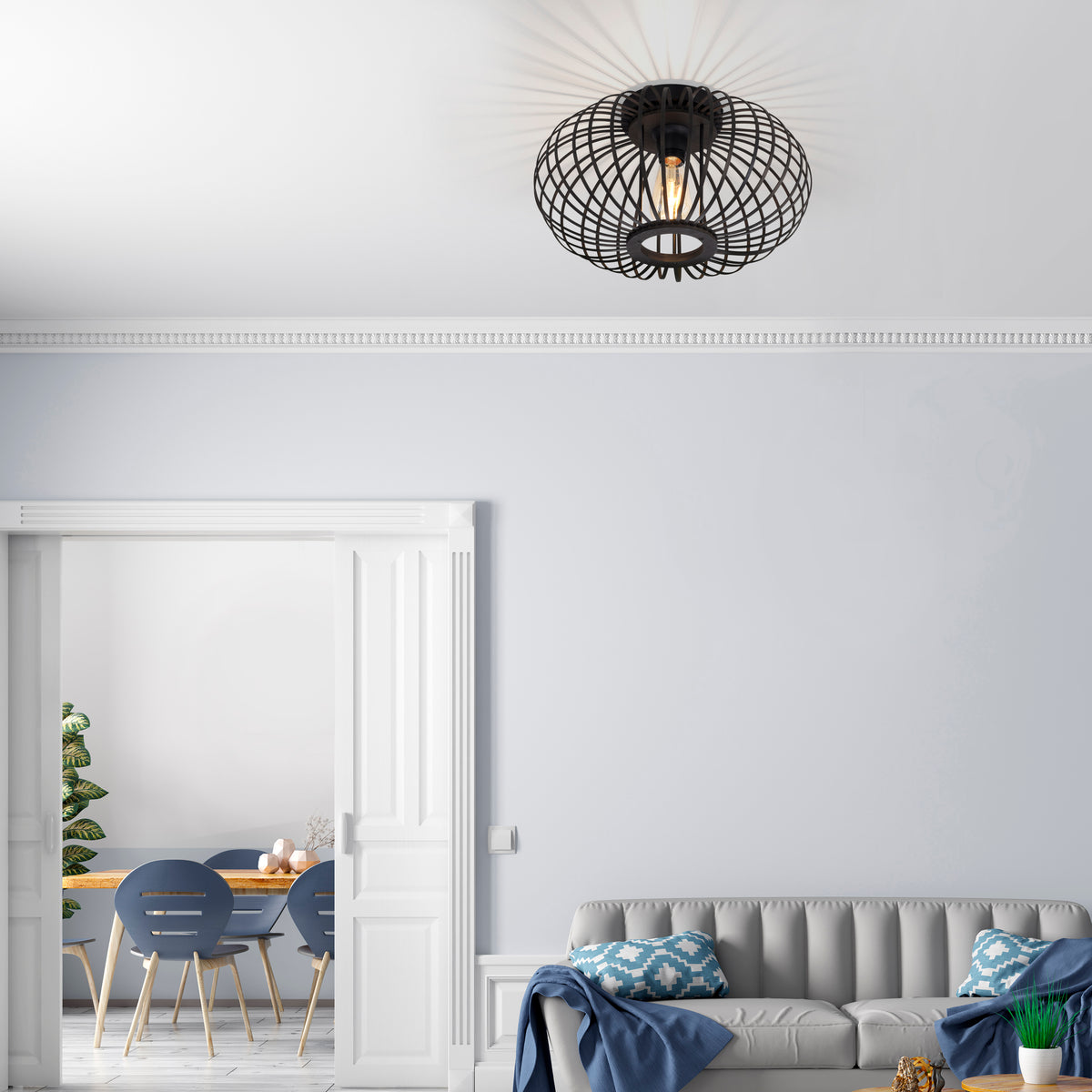 Mise en ambiance du plafonnier fixé au plafond dans un salon moderne.