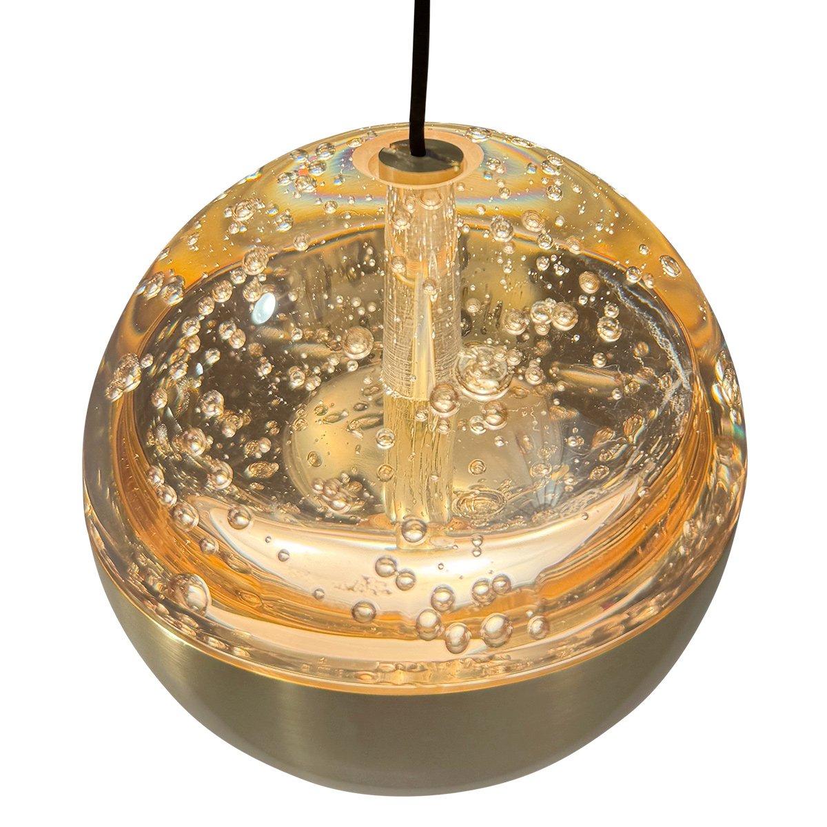 Détail vu du dessus montrant les bulles dans le verre ambré transparent