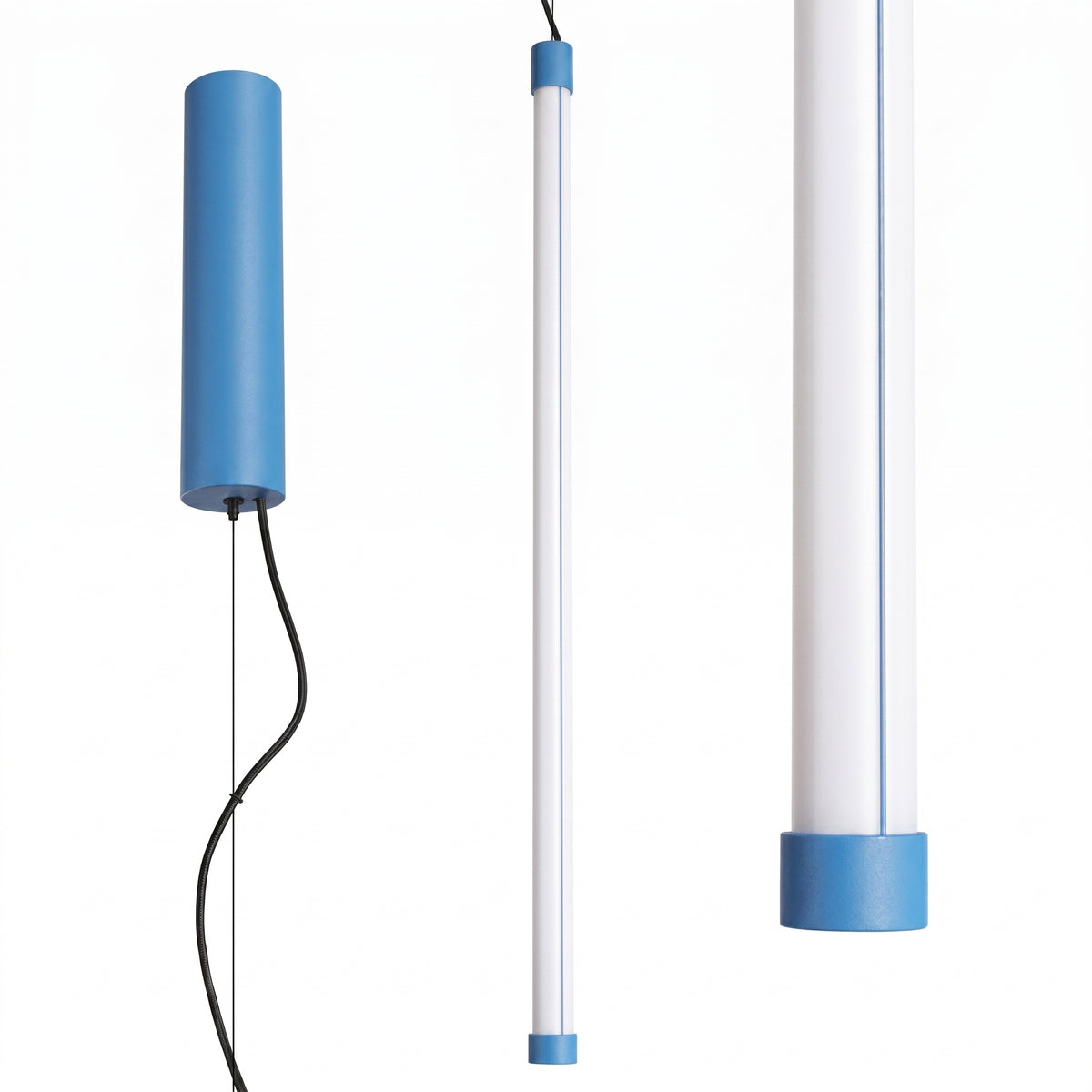 Trois vues du luminaire cylindrique bleu : face, tube blanc et bague colorée