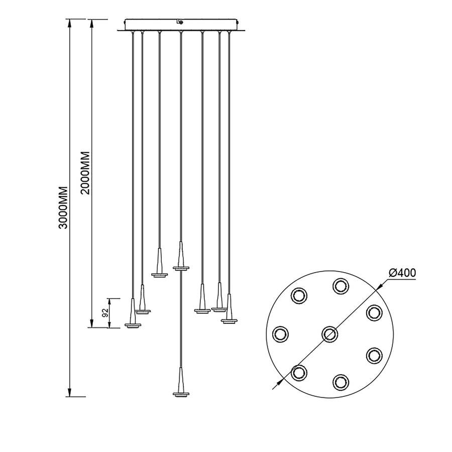 Schéma coté du luminaire indiquant 3000 mm, 2000 mm de chute et diamètre 400 mm
