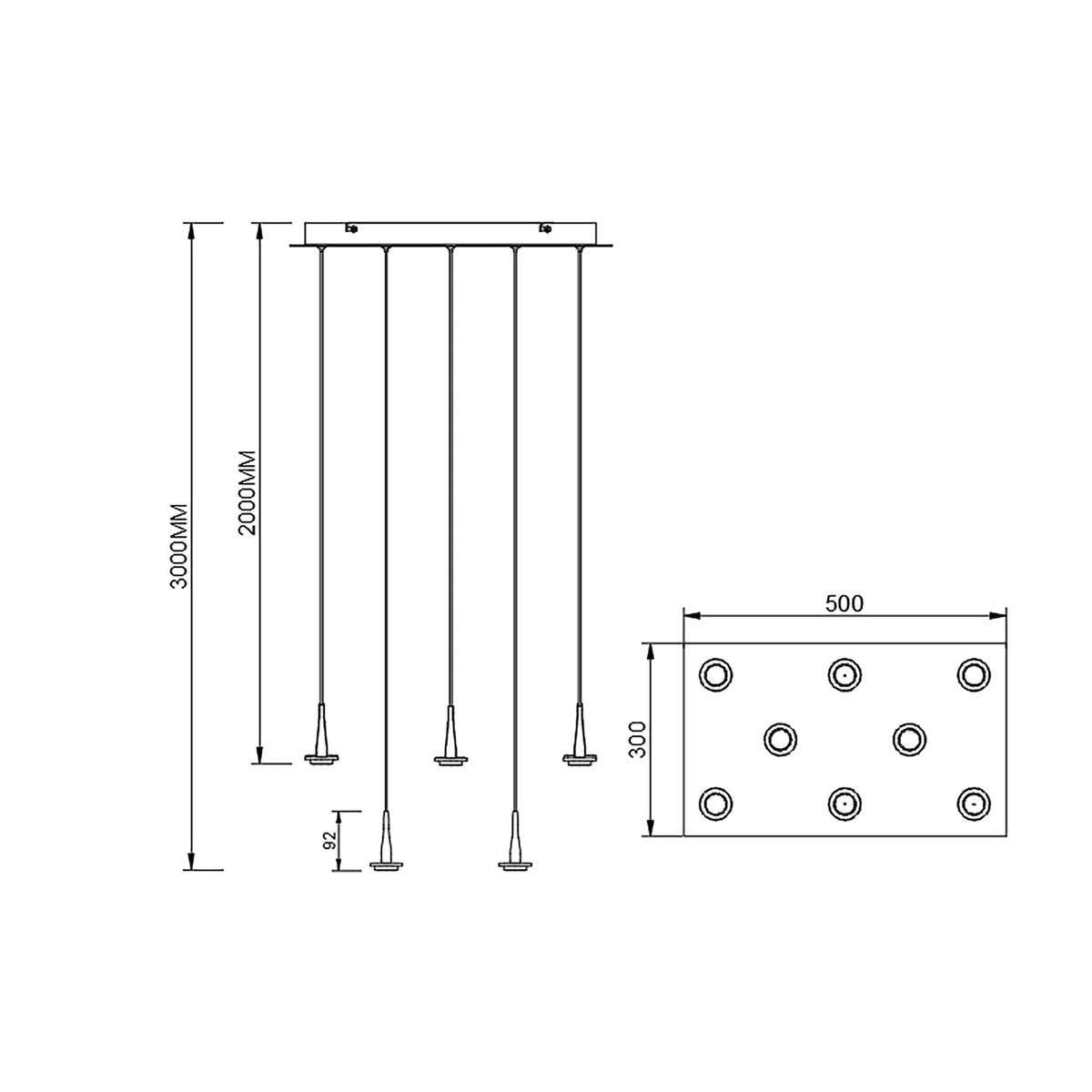Schéma de dimensions cotées du luminaire, plateau carré et longueur des câbles en millimètres