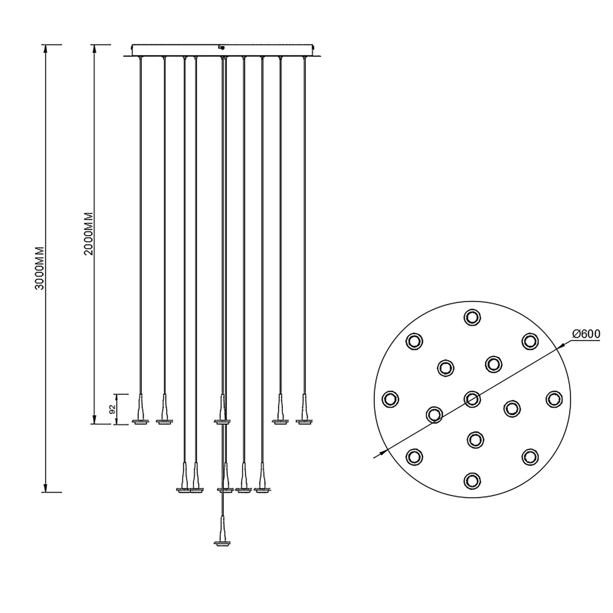 Schéma coté du luminaire indiquant diamètre 600 mm, hauteur totale et longueur des câbles