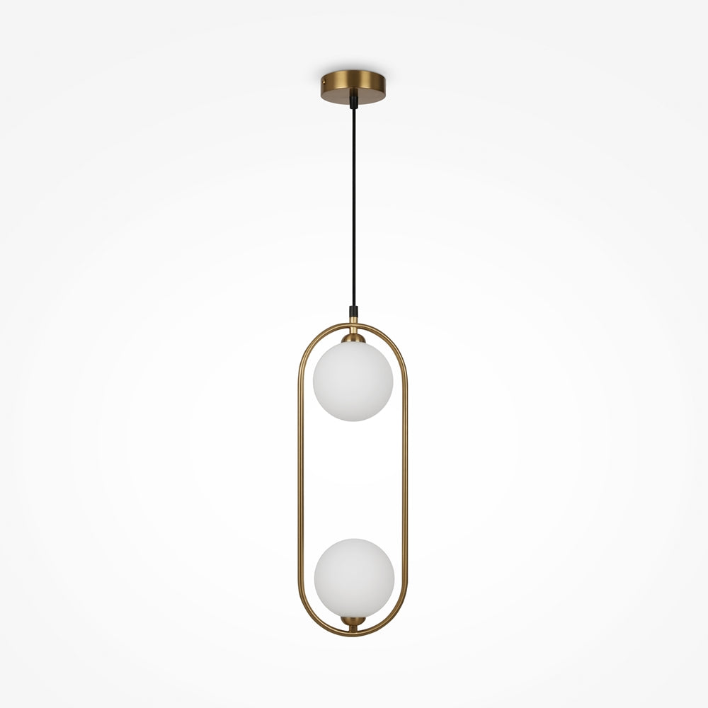 Version laiton de la suspension ovale, deux globes opalins et câble noir