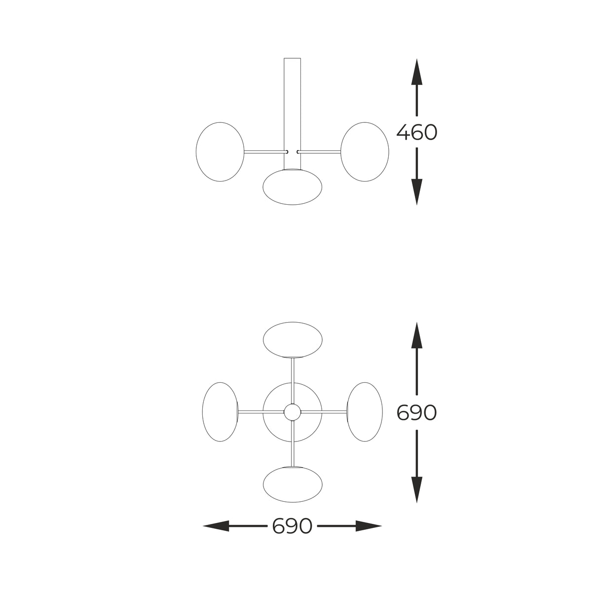 Schéma technique coté du plafonnier, avec hauteur 460 mm et largeur 690 mm.