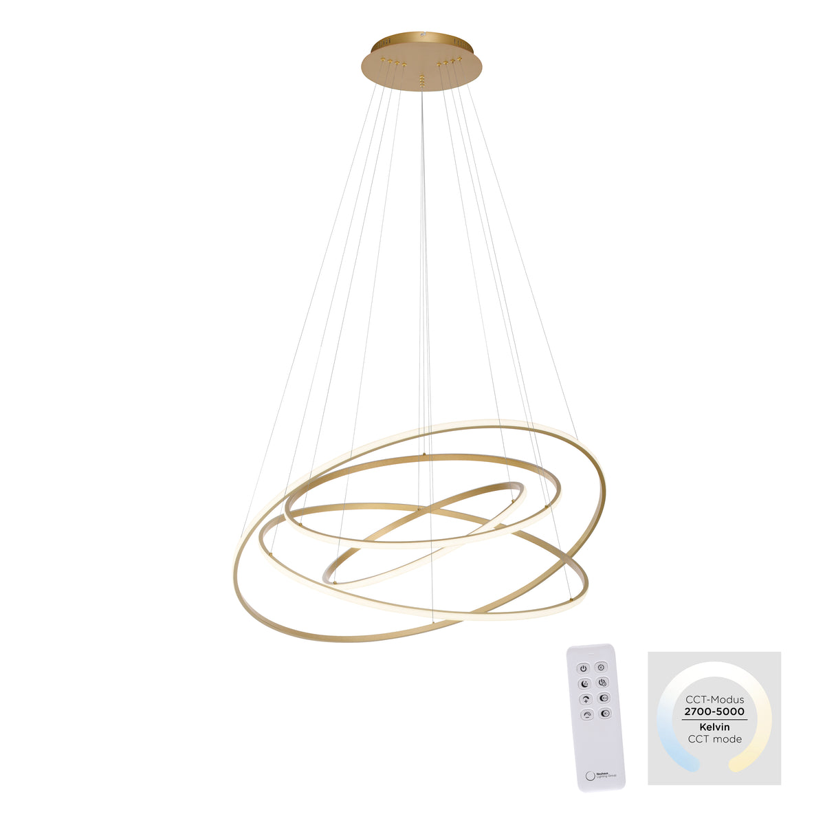 Vue de face du luminaire avec télécommande et graphique de température de couleur CCT.