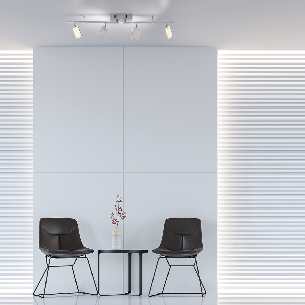 Mise en ambiance dans un salon moderne éclairé sous un plafond blanc.