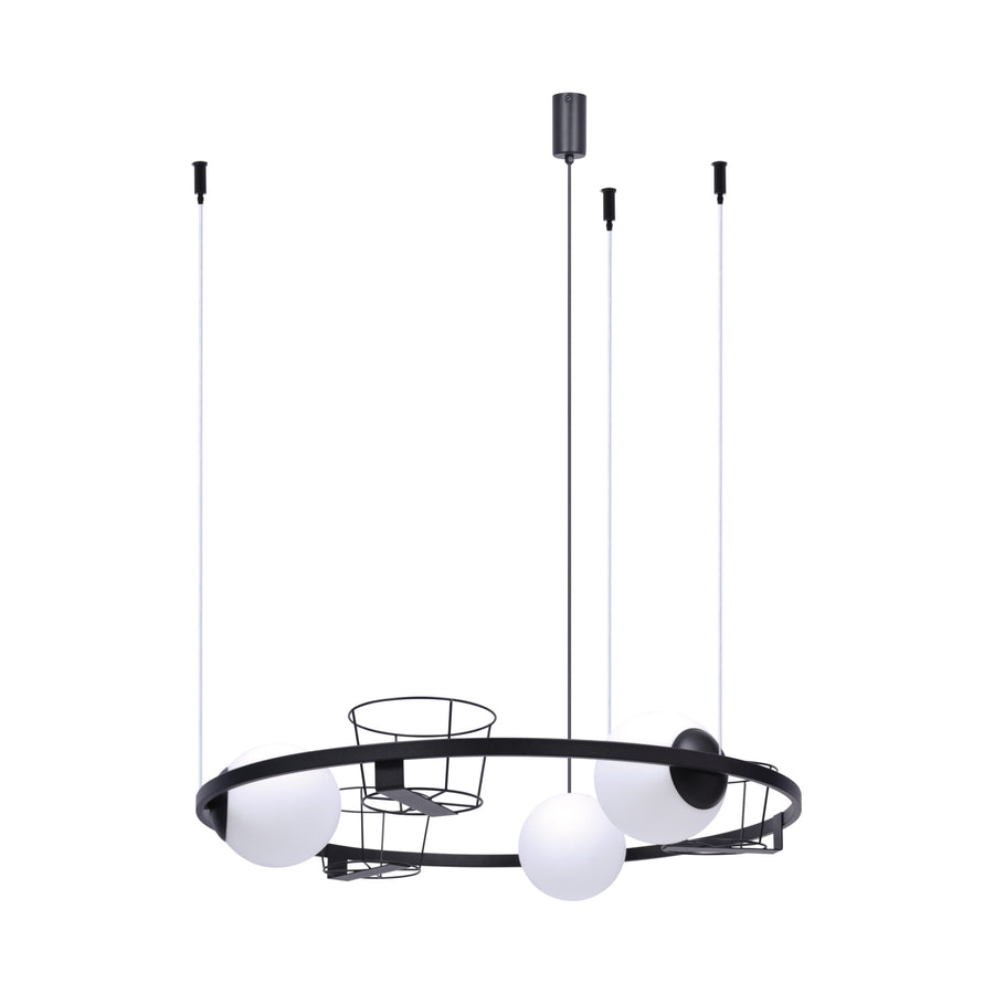 Vue de face du luminaire suspendu, cercle noir et trois globes opalins