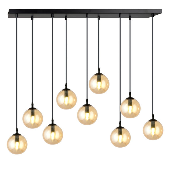 Cosmo Pendelleuchte, 9-flammig, Schwarz, bernsteinfarbenes Glas