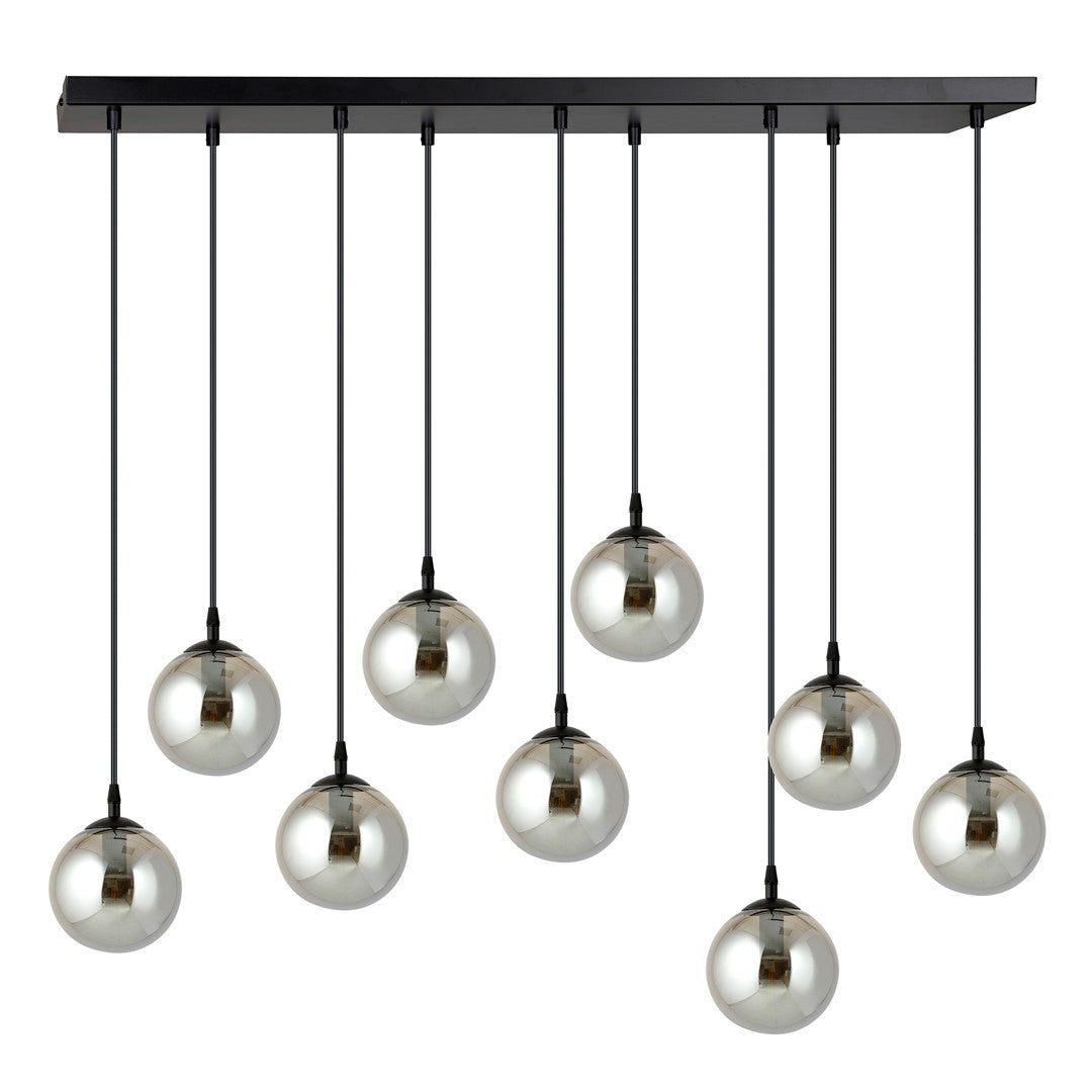 Vue de face du luminaire, neuf suspensions rondes en verre graphite éteintes.