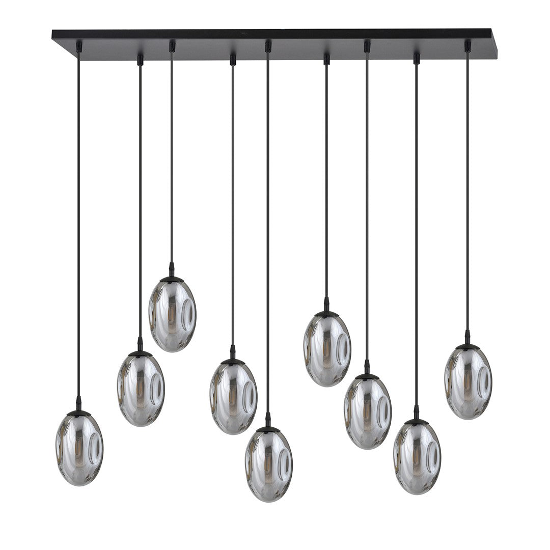 Vue de trois quarts détaillant les neuf globes en verre graphite et leurs câbles noirs.