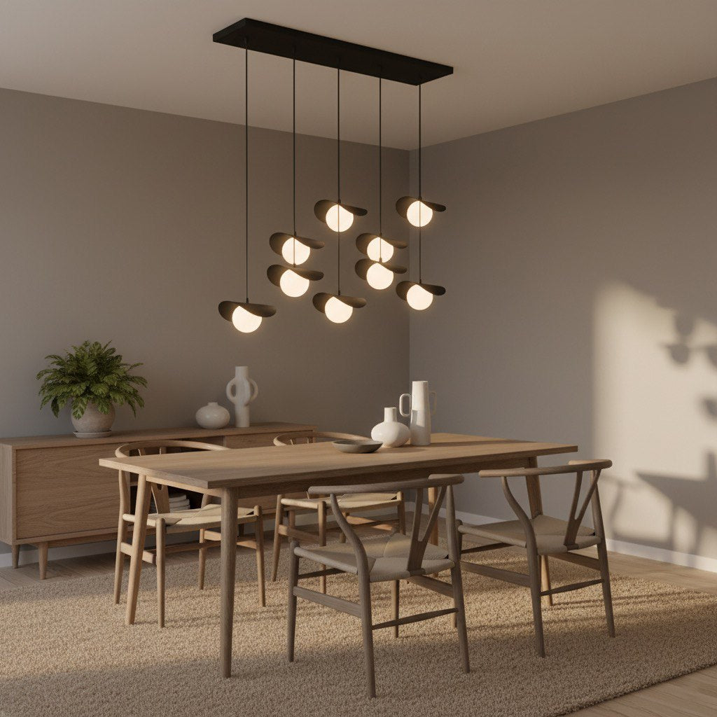 Mise en ambiance dans une salle a manger en bois clair, suspension allumee