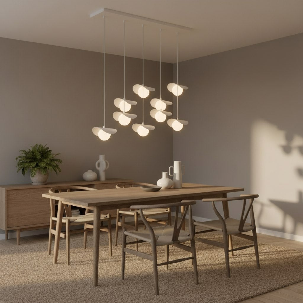 Mise en ambiance au-dessus d'une table à manger en bois clair