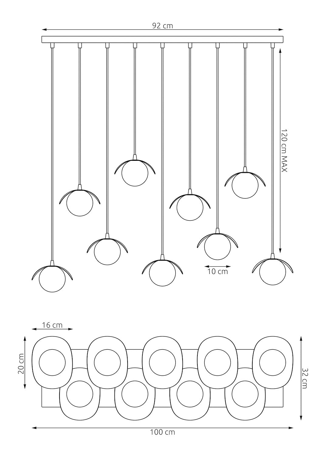 Schema cote : plaque 92 cm, hauteur maximale 120 cm, diametre des globes
