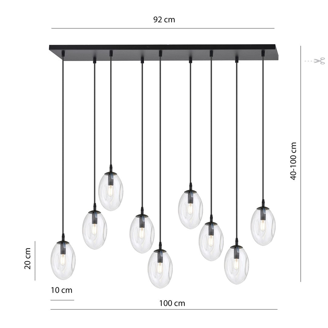 Schéma coté du luminaire : largeur 92 cm, longueur 100 cm, hauteur réglable