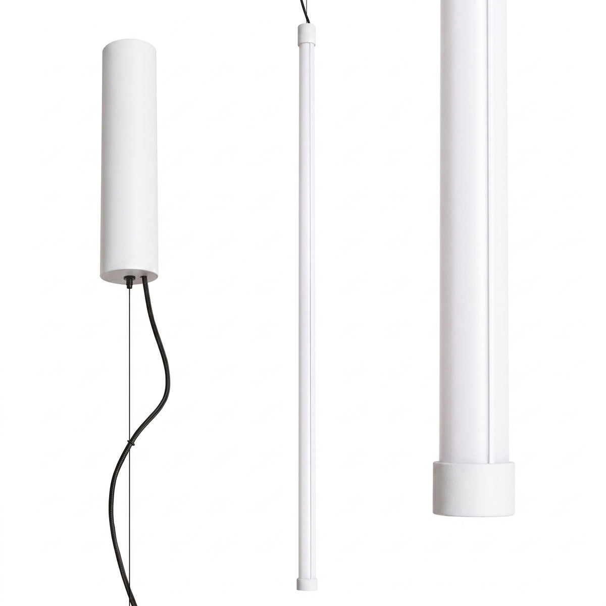 Version blanche du luminaire, trois vues alignées montrant le tube et ses embouts