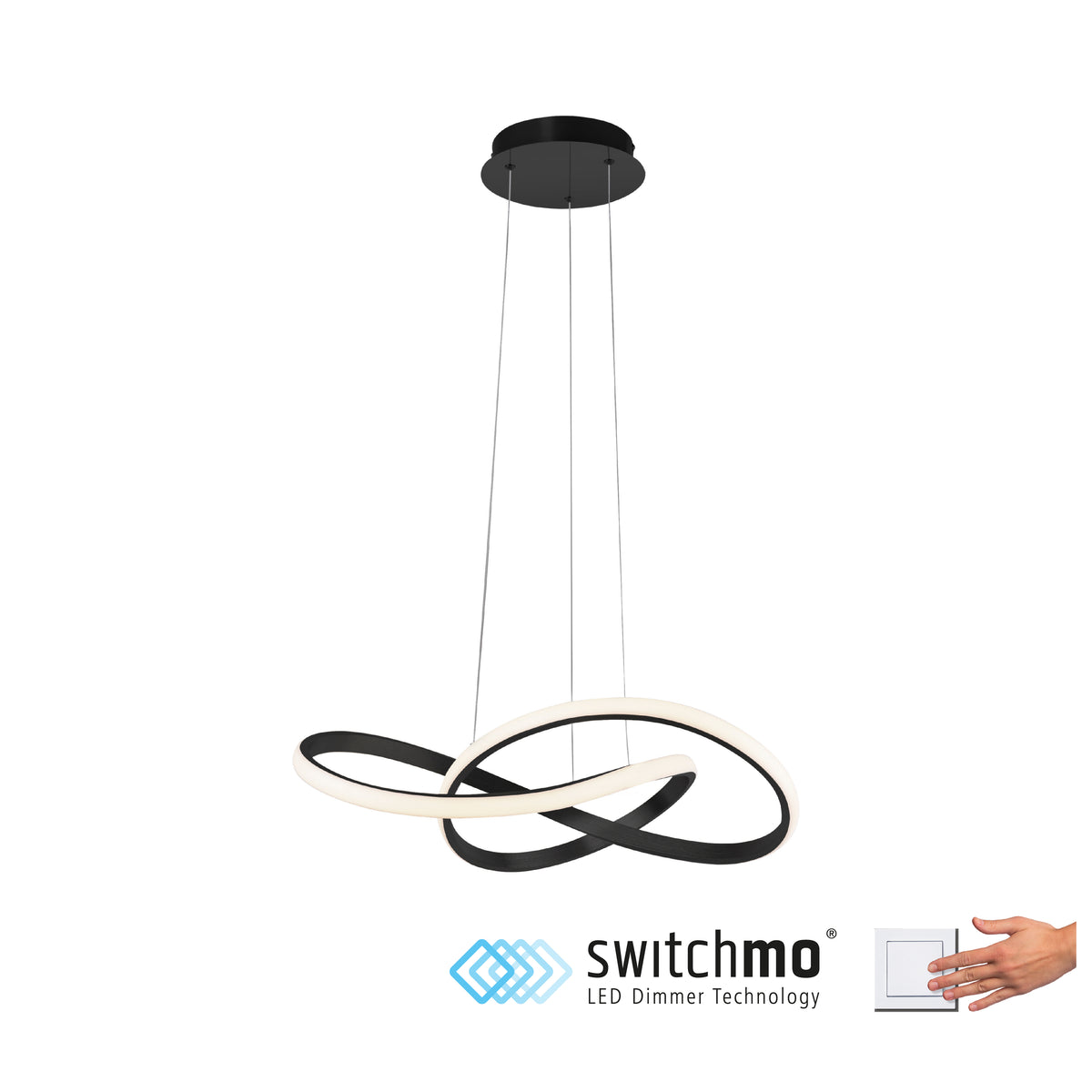 Luminaire suspendu sur fond blanc avec logo de marque et interrupteur variateur