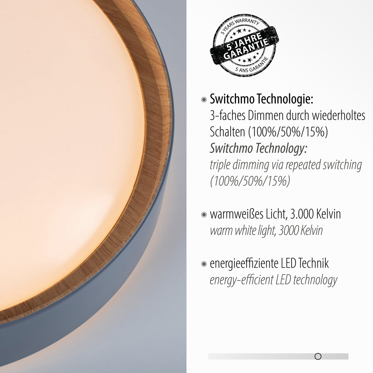 Gros plan du cerclage en bois et textes sur garantie et technologie LED